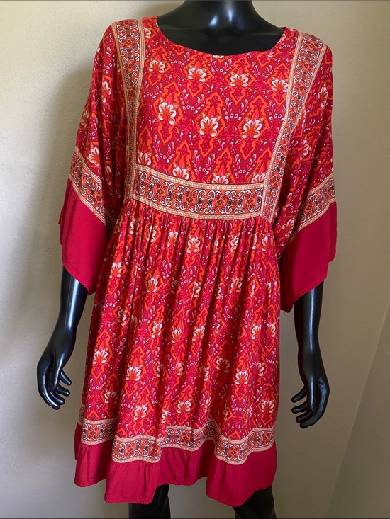 R. Vivimos Dresses & Skirts - R. Vivimos Red Printed Long-Sleeve Boho Tunic Babydoll Dress